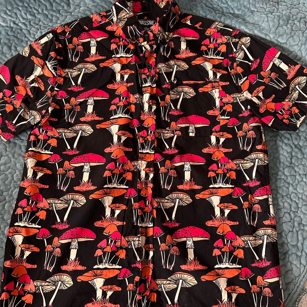 Massive Men's Black Shirt with Red and Orange Mushroom Print